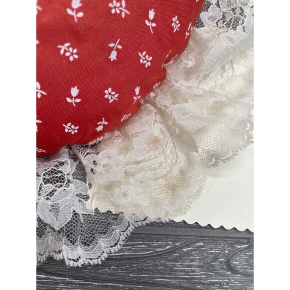 Vintage Burnt Red Orange 9" Round Throw Pillow White Floral Pattern Lace Edge - Picture 8 of 10